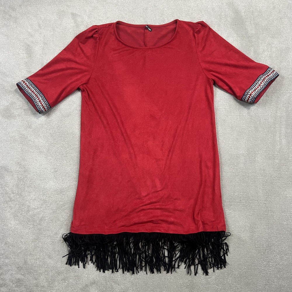 Emma Rose Faux Suede Fringe Tunic Top Womens Medium Red Boho Western Embroidered